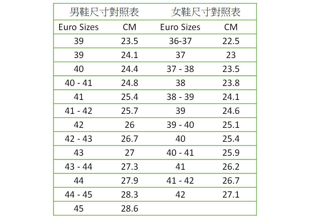 磁能健康按摩鞋-尺寸表